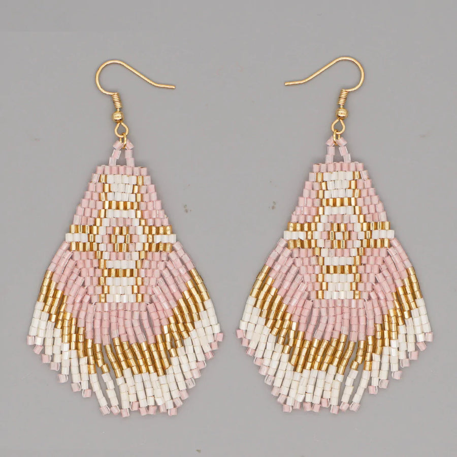 Soft Pink & Gold Boho Fringe Earrings