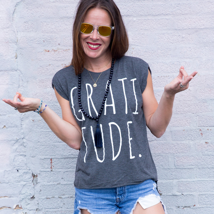 Gratitude Muscle Tee Grey - Being Happy Buddha